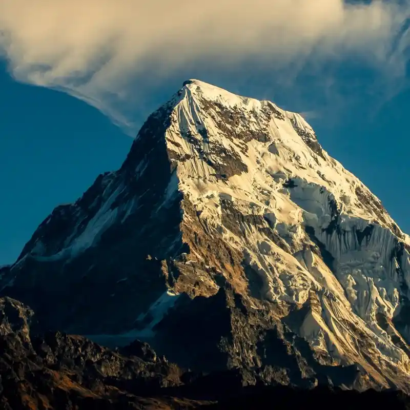 Panoramic view of Salkantay snow-capped mountain during the Salkantay trek to Machu Picchu